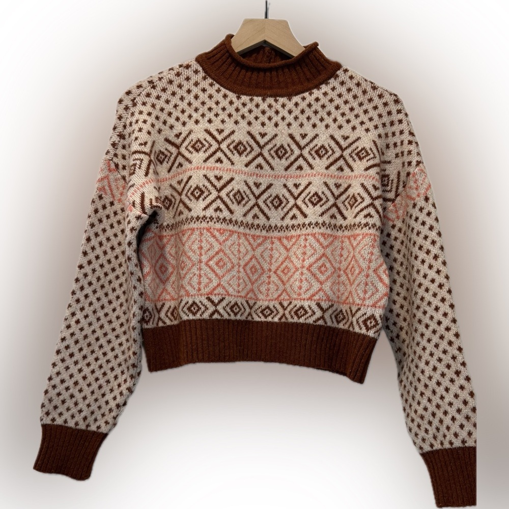 American Eagle Fair Isle Knit Sweater Maroon Red Cream Size S